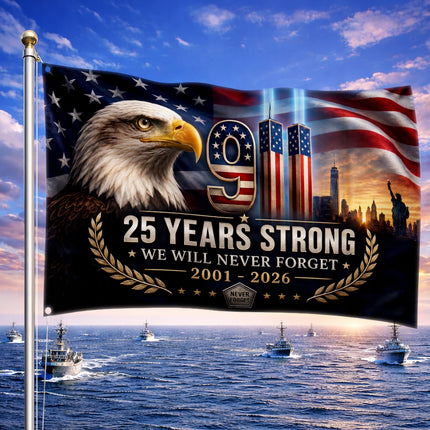 Patriot Day 25th Anniversary 25 Years Strong Eagle Memorial Grommet Flag