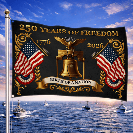 United States 250 Years of Freedom Birth of a Nation Gold Liberty Bell House Flag