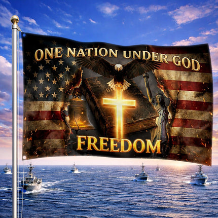 Patriotic One Nation Under God Cross American House Flag
