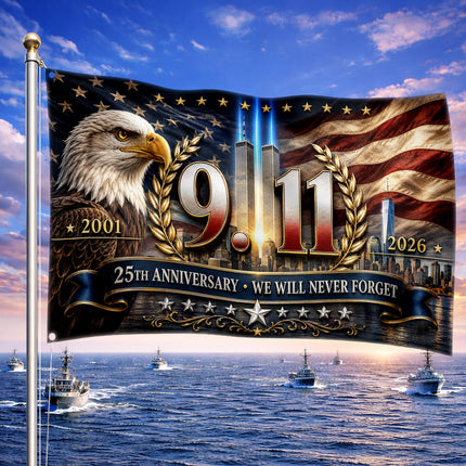 Patriot Day 25th Anniversary Eagle Laurel Never Forget Grommet Flag