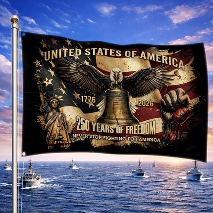 United States of America 250 Years of Freedom Never Stop Fighting Raised Fist House Flag