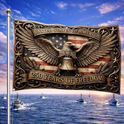 United States of America 250 Years of Freedom Ornate Bronze Eagle Liberty Bell House Flag
