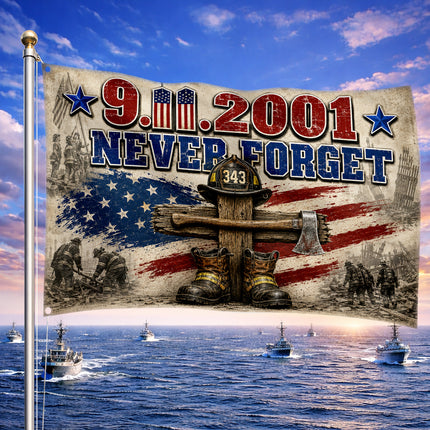 Patriot Day 25th Anniversary 343 Firefighter Cross Never Forget Grommet Flag