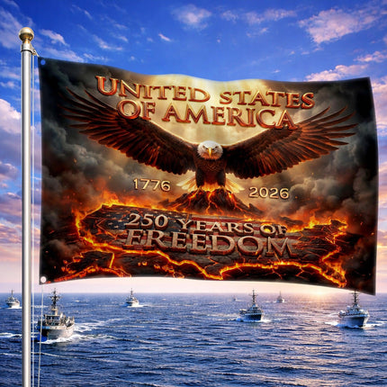 United States of America 250 Years of Freedom Fiery Map Eagle House Flag