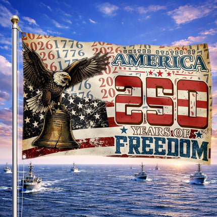 United States of America 250 Years of Freedom Distressed Typography Eagle Liberty Bell House Flag