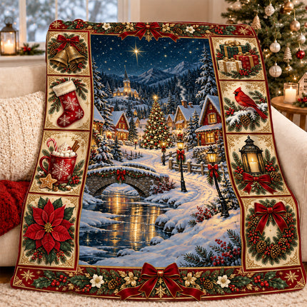 Christmas Fleece Blanket with Snowy Village Scene