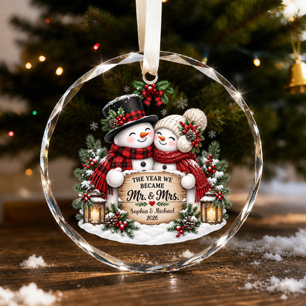 Personalized Newlywed Snowman First Christmas Glass Ornament