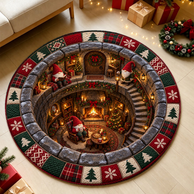 Christmas Round Doormat with Cozy Gnome Fireplace