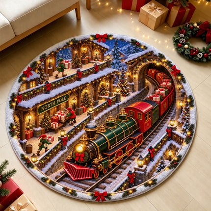 North Pole Christmas Train Round Rug Holiday Gift Express Doormat