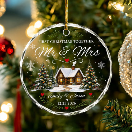 Personalized First Christmas Together Snowy Cabin Couple Glass Ornament