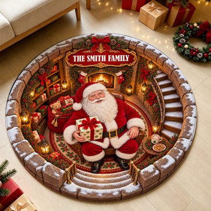 Personalized Santa Christmas Round Doormat Cozy Fireplace Family Name Rug