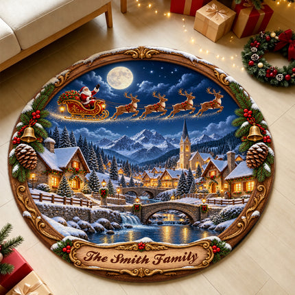 Personalized Christmas Village Round Doormat Santa Sleigh Moonlit Family Name Rug