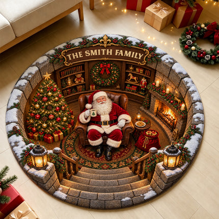 Personalized Santa Christmas Round Doormat Cozy Fireplace Family Name Rug