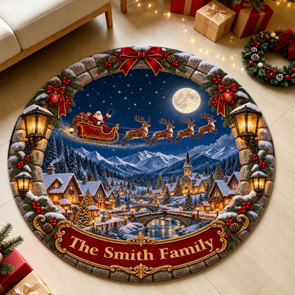 Personalized Santa Sleigh Christmas Round Doormat Snowy Village Family Name Rug