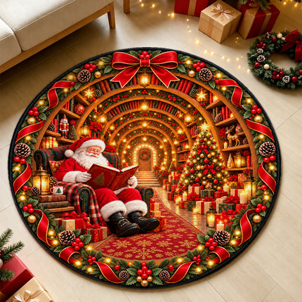 Personalized Christmas Doormat Santa Reading Family Name Round Rug