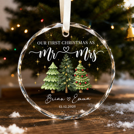 Personalized First Christmas Together Three Festive Trees Couple Glass Ornament