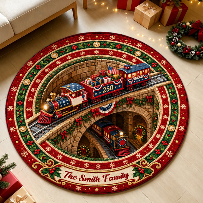 Personalized Christmas Train Doormat Patriotic Holiday Round Rug