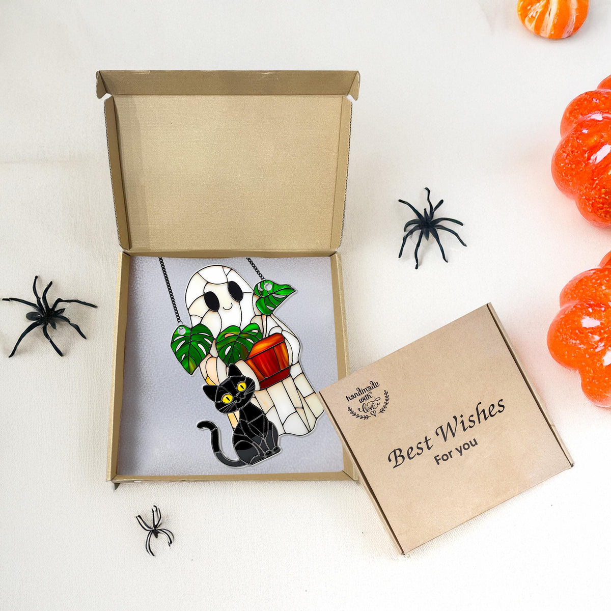 Cute Ghost Plant And Cat ACRYLIC Suncatcher,Ghost Monstra Window Hanging,Hangings Plant Lover Gift,Black Cat Lover,Mom Gift,Halloween Decor