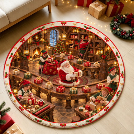 Christmas Gift Wrapping Round Rug Santa Workshop Doormat