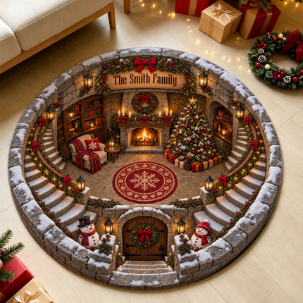 Personalized Christmas Round Doormat Cozy Fireplace Snowman Family Name Rug