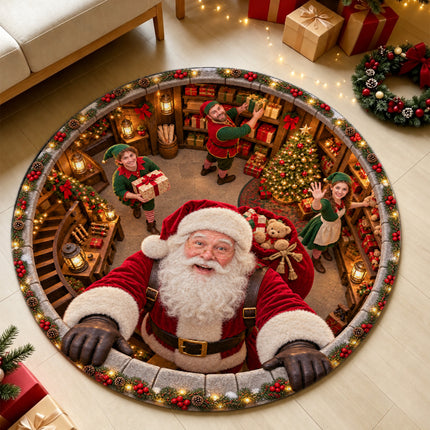 Santa's Workshop Christmas Round Rug North Pole Elves Doormat