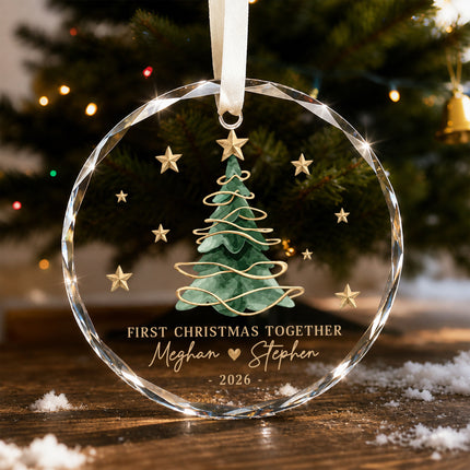 Personalized First Christmas Together Gold Christmas Tree Glass Ornament
