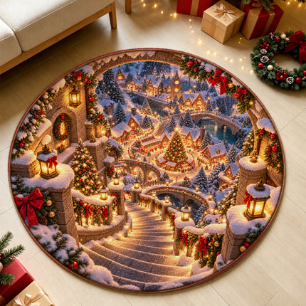 Christmas Village Round Rug Snowy Stairway Holiday Doormat