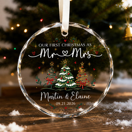 Personalized First Christmas Couple Glass Ornament with Christmas Trees and Hearts