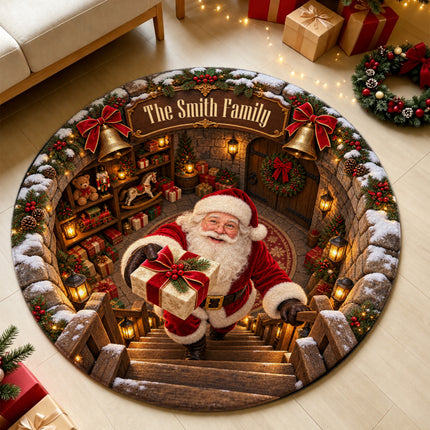 Personalized Santa Gift Delivery Christmas Round Doormat Cozy Family Name Rug