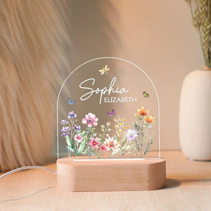Custom Floral Butterfly Name Acrylic Night Light, Birthday Gift for Her - Charming Present