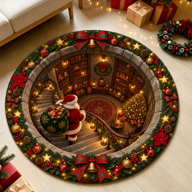 Christmas Round Doormat with Santa Library Scene