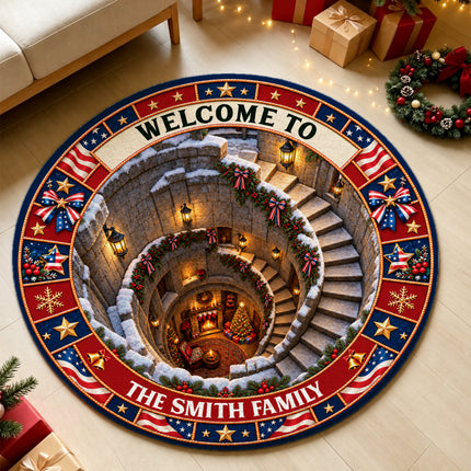Personalized Christmas Doormat Patriotic Welcome Holiday Round Rug