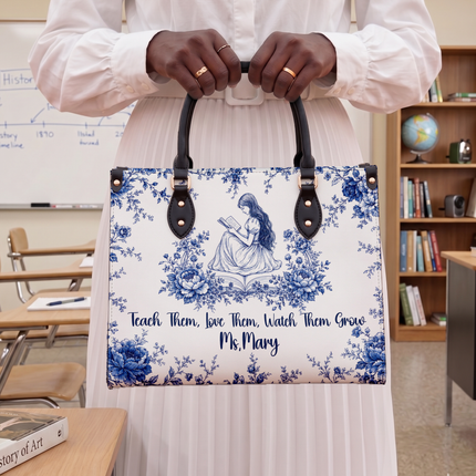 Personalized Teacher Leather Handbag Blue Floral Vintage Reading