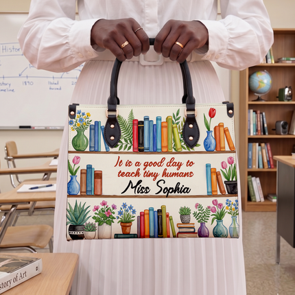 Personalized Teacher Leather Handbag Bookshelf Plants Tiny Humans