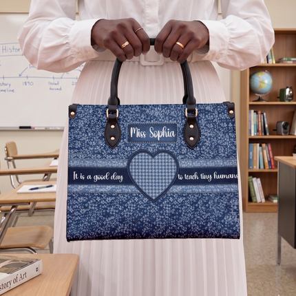 Personalized Teacher Leather Handbag Denim Patchwork Cross