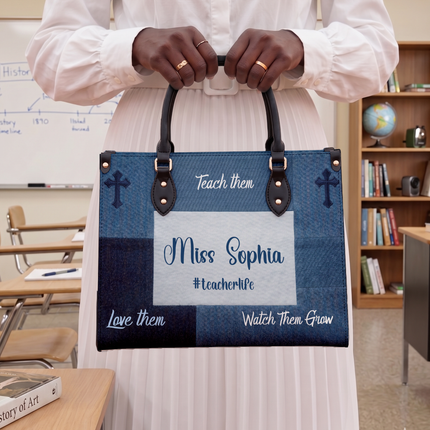 Personalized Teacher Leather Handbag Denim Floral Tiny Humans
