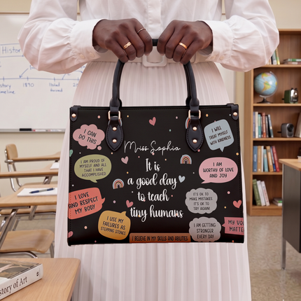 Personalized Teacher Leather Handbag Black Affirmations