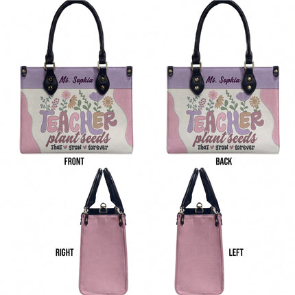 Personalized Teacher Leather Handbag Plant Seeds Floral