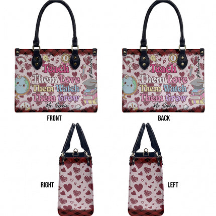 Personalized Teacher Leather Handbag Pink Plaid Hearts