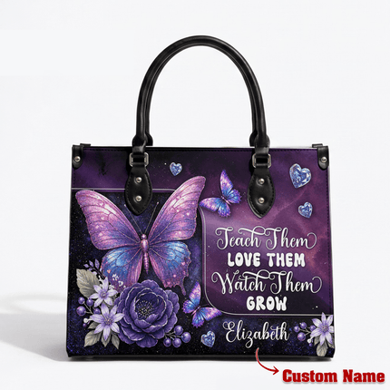 Personalized Teacher Leather Handbag Purple Galaxy Butterfly