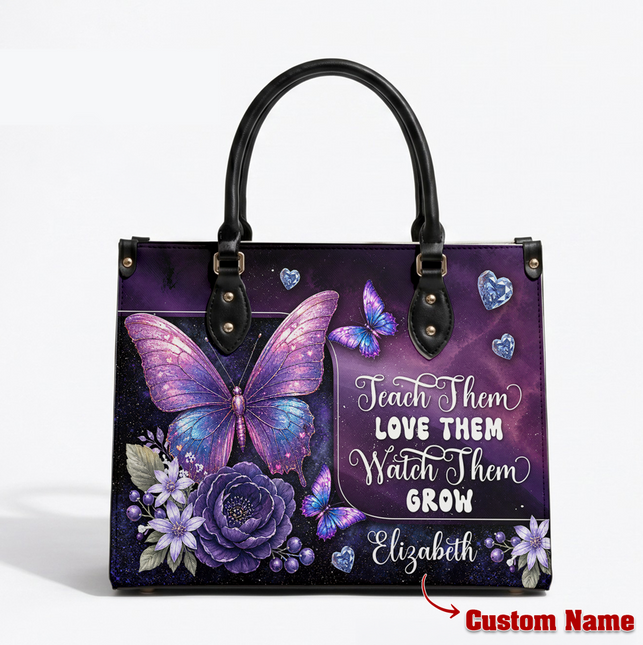 Personalized Teacher Leather Handbag Purple Galaxy Butterfly