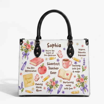 Personalized Teacher Leather Handbag Sweetest Teacher Floral