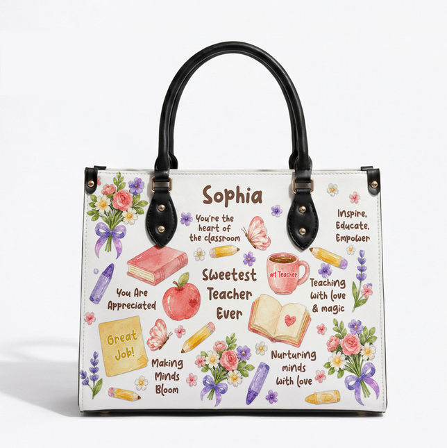 Personalized Teacher Leather Handbag Sweetest Teacher Floral