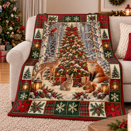 Woodland Christmas Fleece Blanket Forest Animals Deer Fox Rabbit Snowy Tree Holiday Throw