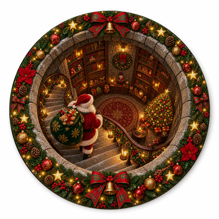 Christmas Round Doormat with Santa Library Scene