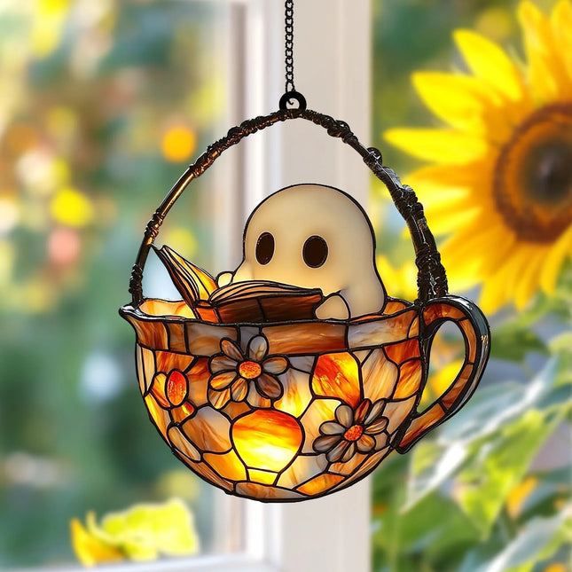 Reading Ghost in Teacup Faux Stained Glass Suncatcher, Acrylic Halloween Window Hanging for Spooky Bathrooms and Book Lovers, Reader Gift - Charming Present