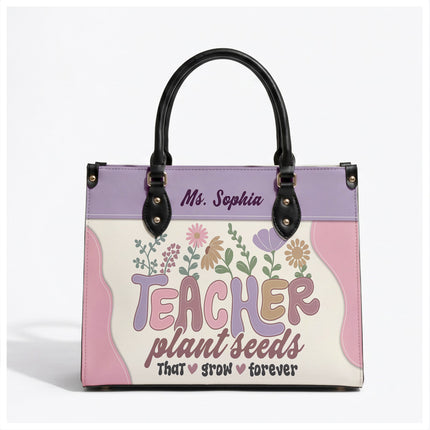 Personalized Teacher Leather Handbag Plant Seeds Floral