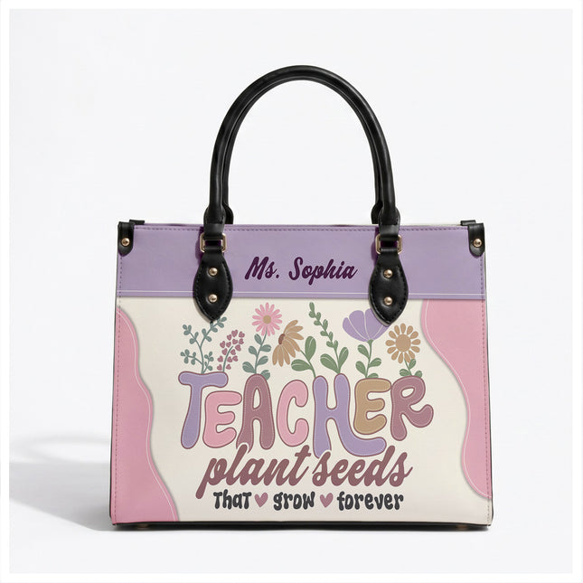Personalized Teacher Leather Handbag Plant Seeds Floral