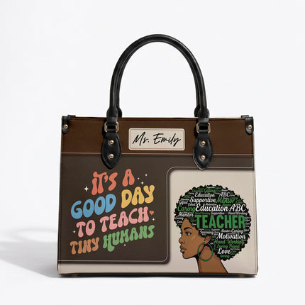 Personalized Teacher Leather Handbag Afro Word Art Tiny Humans