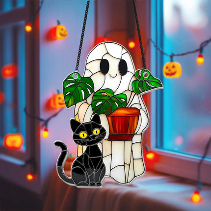 Cute Ghost Plant And Cat ACRYLIC Suncatcher,Ghost Monstra Window Hanging,Hangings Plant Lover Gift,Black Cat Lover,Mom Gift,Halloween Decor - Charming Present